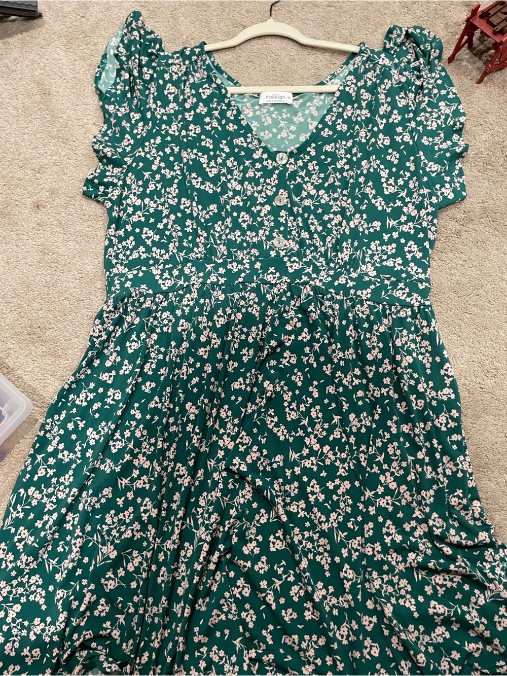 Kaileigh Green Teal Floral V-Neck Dress with Pink Print 3x
